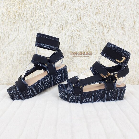 Bandanna 2" Platform Sandals harness strap shoes Black Bandana - Picture 4 of 14